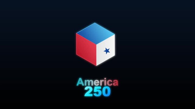 Cube graphic featuring red and blue colors displays the America 250 text on a dark background for national celebrations.