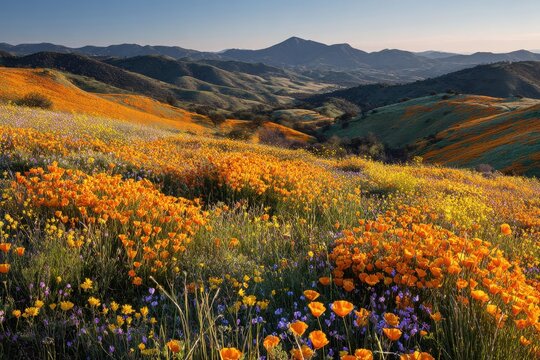 Golden hour landscape with a sea of wildflowers and poppies across grassy hills