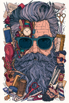 Barber shop collage featuring a bearded hipster portrait combined with grooming tools and salon elements in a colorful cartoon style composition.