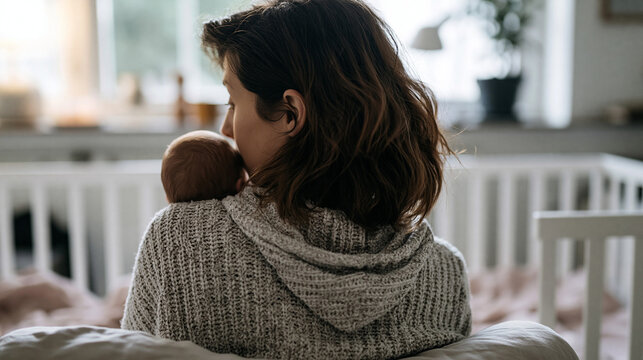 Rear view of a mother holding a newborn baby against her shoulder in a bright nursery with a crib. Intimate home scene showing infant care, bonding and early parenthood.