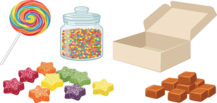 Sweet candy and confectionery vector set with colorful swirl lollipop glass sprinkle jar star gummy sweets chocolate cubes and open cardboard packaging box