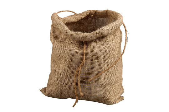 Empty burlap sack with drawstring, natural jute fabric for rustic packaging, storage, or agricultural concepts