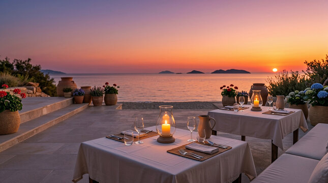 Romantic dinner tables set with candles at sunset by the sea