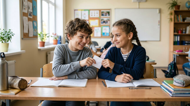Happy schoolchildren passing secret note during lesson in classroom