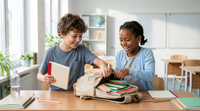 Happy children packing school supplies into backpack in classroom