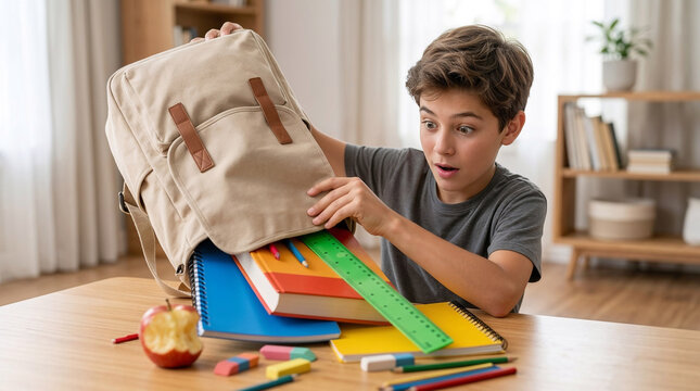 Surprised schoolboy unpacking school supplies from backpack