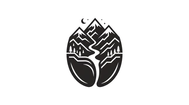 Minimalist vector logo combining a coffee bean shape with an outdoor mountain landscape