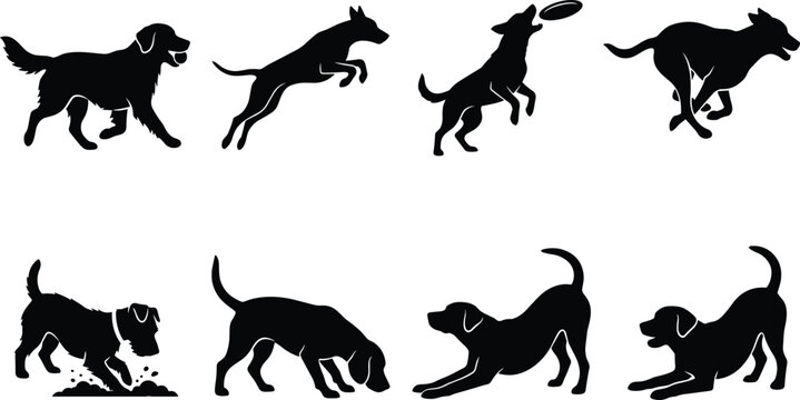 Dog silhouette vector collection featuring diverse canine poses and playful activities for pet design and creative projects