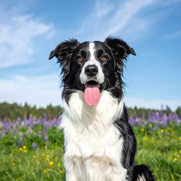 A joyful black and white Border Collie dog sits happily in a vibrant summer wildflower meadow of purple lupines under a bright blue sky, evoking pure freedom and joy. Nobody.