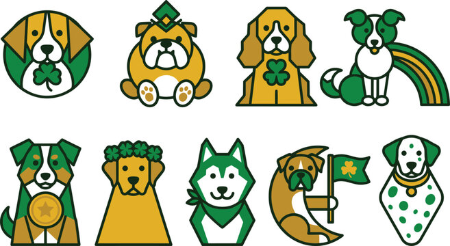 St Patricks Day Dog Icon Set with Clover, Rainbow, Flag, Bandana, and Badge in Green and Gold for Holiday Designs