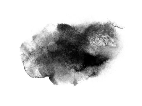 Abstract ink blob, grunge art. Black paint stroke texture in marble style. Wallpaper design. Hand drawn watercolor isolated illustration on transparent background