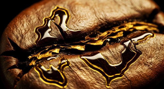 Macro Image of A Rolled Coffee Bean with Rich, Glossy Golden Surface Presenting An Elegant Look and Luxurious Texture in A Dark Setting