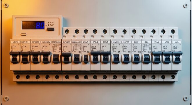 Electrical power distribution system with multiple circuit breakers and digital display for household or industrial safety ensuring secure energy management and overload protection.