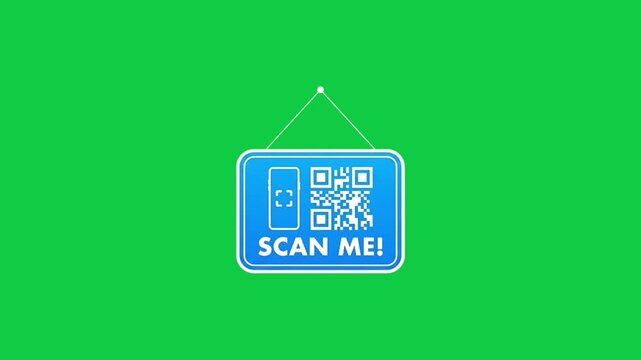 Animated Blue Hanging QR Code Scan Me Sign on Green Screen Background for Business Presentations, Mobile Applications, Digital Campaigns, Retail Promotions, Website Videos, and Broadcast Editing