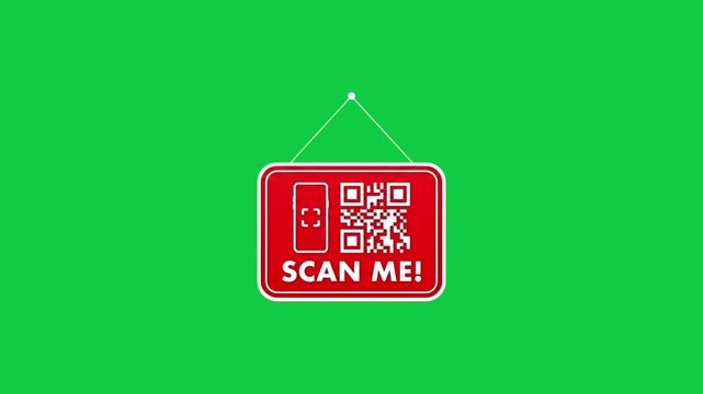Animated Red Hanging QR Code Scan Me Sign on Green Screen Background for Retail Promotions, Digital Marketing, Mobile Payment, Store Advertising, Social Media, Website Intro, and Video Editing