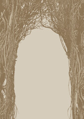 Obraz premium Vector frame A4 with a realistic tree, banyan, or ficus with roots and branches in a gothic or grunge style. Space for inscription. Magical, fairytale, and mystical. Halloween party poster.