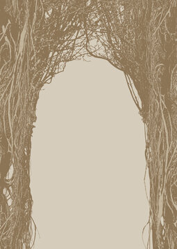 Vector frame A4 with a realistic tree, banyan, or ficus with roots and branches in a gothic or grunge style. Space for inscription. Magical, fairytale, and mystical. Halloween party poster.