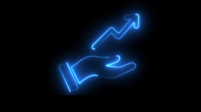 Glowing Neon Hand Holding Growth Arrow Chart Animation Blue Stock Market Investment Loop Isolated on Black Background Motion Graphic