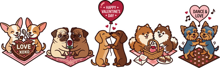 Fototapeta premium Valentines Day Dog Couple Illustration Set with Heart Balloon, Rose, Picnic Basket, and Dancing Pairs for Romantic Holiday Designs