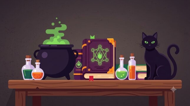A magical vector illustration of a witch's workbench, featuring a bubbling black cauldron emitting green fumes, colorful potion bottles, an ancient spellbook adorned with glowing alchemy symbols