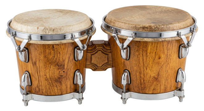 A pair of traditional wooden bongo drums captured in a clean studio shot with a bright white background and natural warm wood tones.