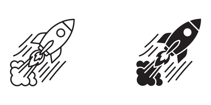 Launching rockets illustration with smoke and flame effects in contrasting line art style for creative projects