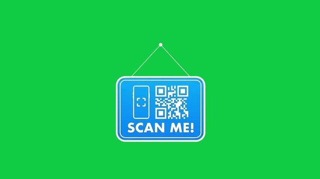 Animated Blue Hanging QR Code Scan Me Sign on Green Screen Background for Business Presentations, Mobile Applications, Digital Campaigns, Retail Promotions, Website Videos, and Broadcast Editing