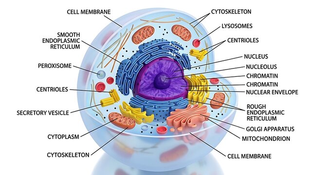 Educational 3D scientific model of animal cell structure with annotations