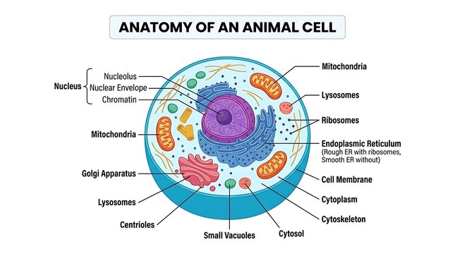 Educational diagram showing internal structure and organelles of animal cell
