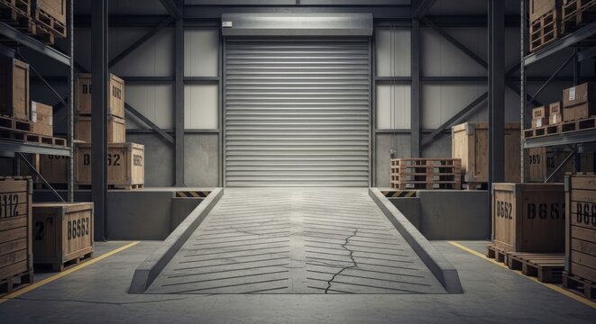 Industrial Loading Dock Entrance with Stacked Cardboard Boxes and Pallets Conveying Logistics Storage and Shipping Operations in a Warehouse Environment