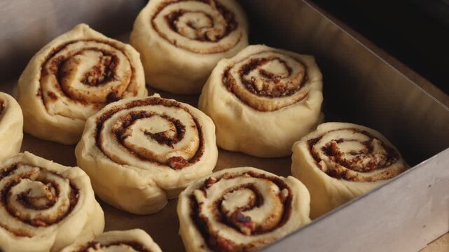 View of unbaked homemade cinnamon buns arranged on a baking tray before baking. Sweet yeast rolls filled with butter, cinnamon, sugar, and pecans. Horizontal video.
