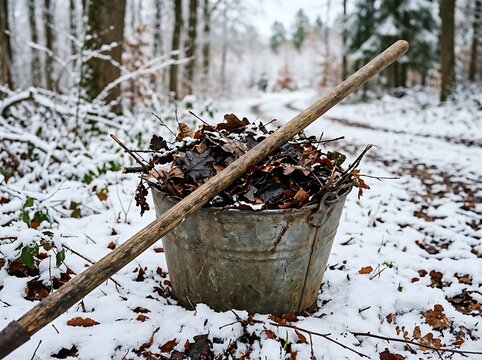 Old metal bucket filled with dried leaves and twigs resting in snowy forest landscape scene