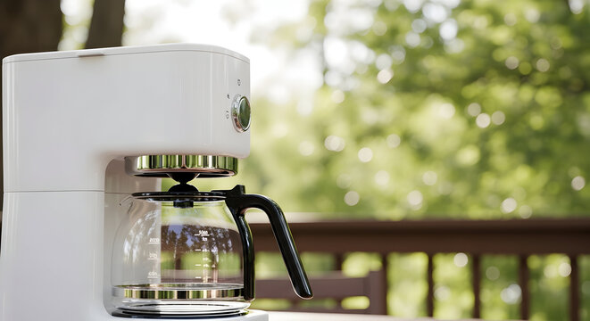 White Coffee Maker with Glass Pot on Wooden Deck Surrounded by Lush Greenery and Sunlight for a Relaxing Morning Brew Experience