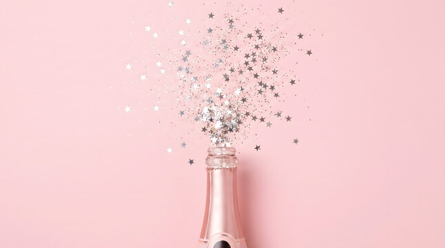 Pink champagne bottle with sparkling silver stars on pastel pink background for celebration