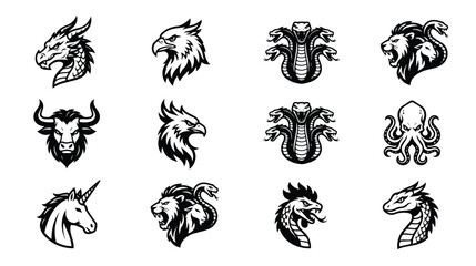 Mythical creature mascot logos, 12 fantasy animal vector icons, black and white heraldic beast emblems for gaming and sports branding © Saber