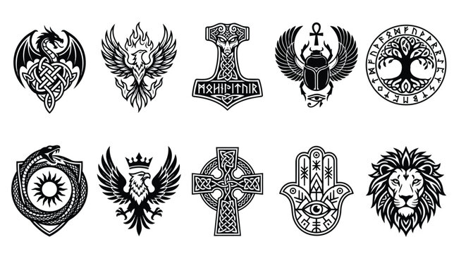 Ancient mythological symbols and sacred icons set, 10 black vector illustrations of celtic dragon and norse hammer, mystical occult emblems for tattoo design