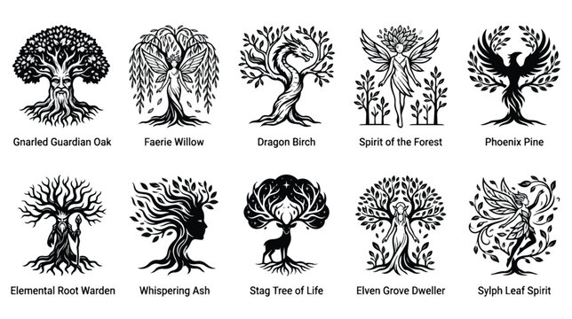 Mythical fantasy tree spirits and elemental forest guardians, set of 10 black and white vector icons, mystical nature tree of life illustrations