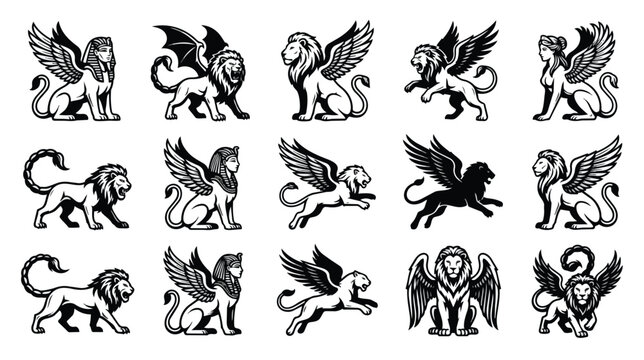 Mythological winged lion vector set, 15 ancient griffin and manticore icons, black and white heraldic creature illustrations for logos