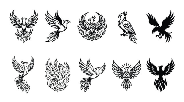 Phoenix bird logo set, 10 mythical firebird vector icons, black and white eagle and hawk silhouettes, tribal phoenix tattoo designs for branding