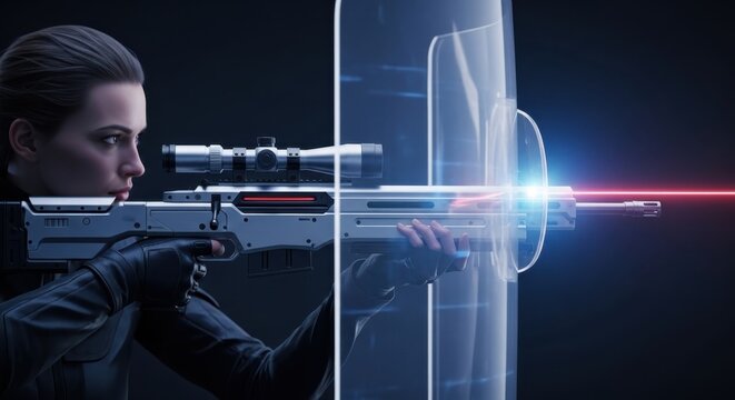 Futuristic female marksman aiming sophisticated energy rifle defending against encroaching sci-fi holographic barrier tactical warfare precision targeting advanced weaponry combat simulation dark sci-