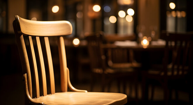 Wooden Chair in an Elegant Restaurant Setting with Soft Ambient Lighting and a Cozy Atmosphere