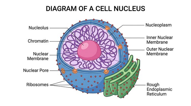 Diagram of a cell nucleus showing organelle anatomy and components with membrane