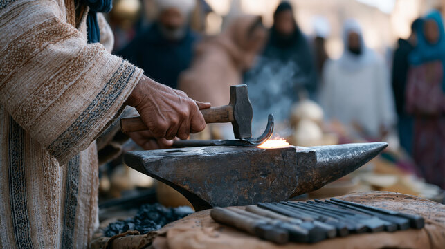 A farrier's calloused hands press a glowing horseshoe against an anvil at a vibrant spice market stall, traders watching intently, steam rising, tools laid in deliberate sequence