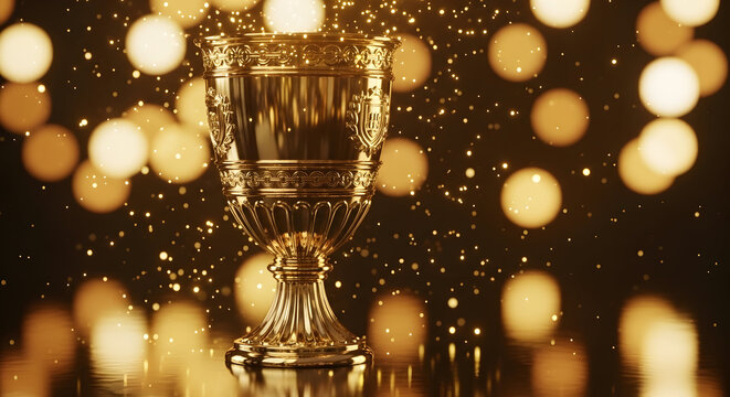 Golden Trophy Surrounded by Sparkling Bokeh Lights on a Reflective Surface Celebrating Achievement and Success During a Festive Ceremony