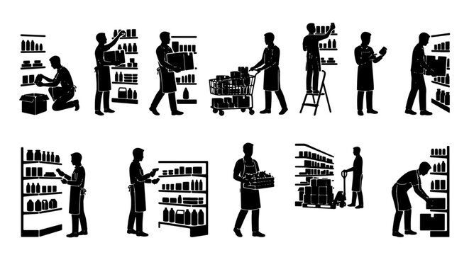 Retail Worker Silhouettes, 12 Vector Icons: Stocking Shelves, Merchandising, Inventory Management, Shopping Cart, Ladder, Product Placement, Warehouse, Store Operations, Groceries, Retail Display