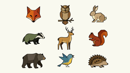 Obraz premium Geometric Woodland Creature Vector Icon Set with Fox, Owl, Rabbit, Badger, Deer, Squirrel, Bear, Bird, and Hedgehog on a Light Background