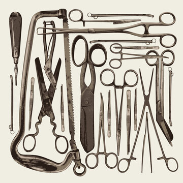 Vector grunge banner with surgical instruments on the topics of anatomy, surgery, and cardiology. Vintage background with medical sketches.
