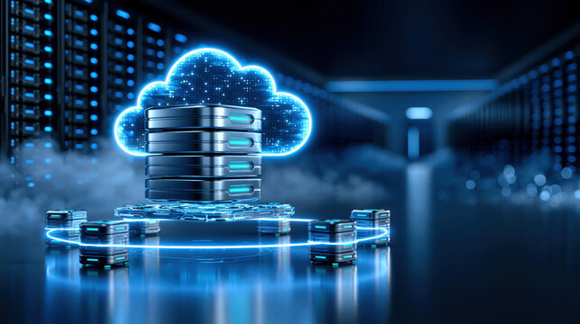 Cloud server stack with glowing network ring and data center servers cool blue lighting conveying secure enterprise cloud storage and backup