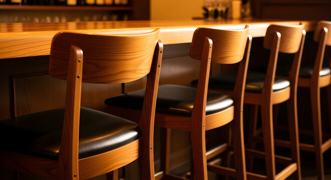Elegant Wooden Bar Counter with Tall Chairs in a Cozy Restaurant Interior Featuring Warm Backlighting and a Simple Yet Stylish Ambiance
