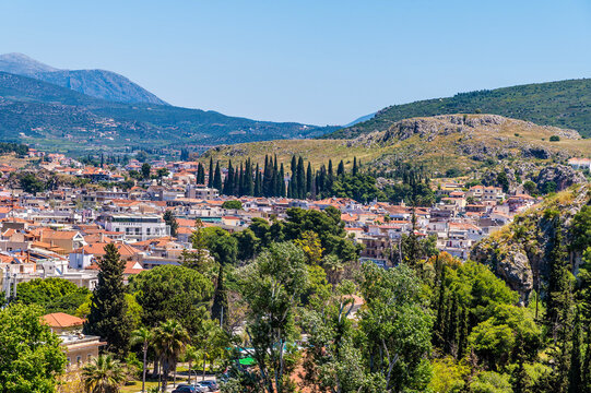 A view north from the Acronauplia, fortress up over rooftops of the town in Nafplio in Greece in early summertime